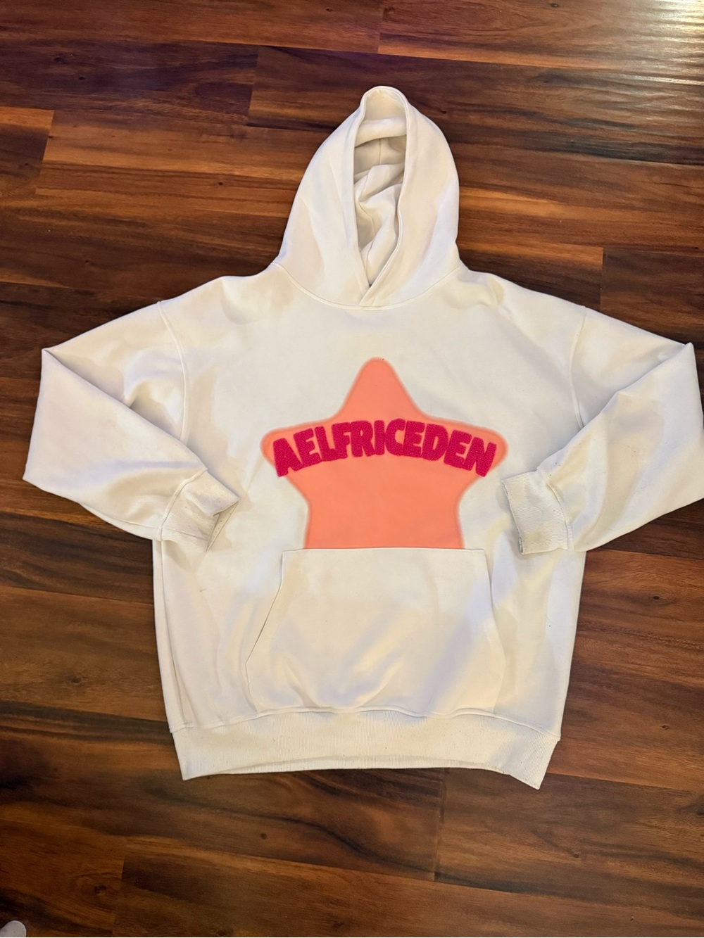 Aelfric Eden White Hoodie with Coral Star and Pink Logo